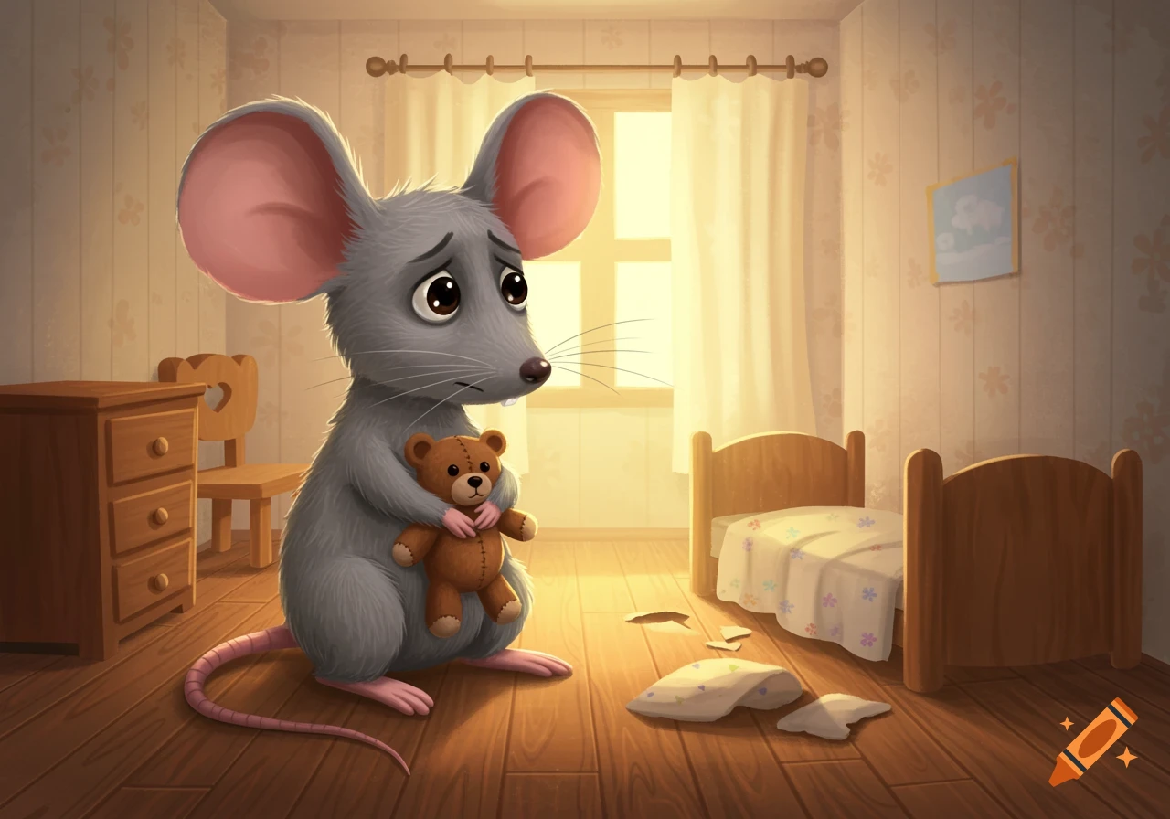 Sad grey cartoon mouse holding a teddy bear in a bedroom.