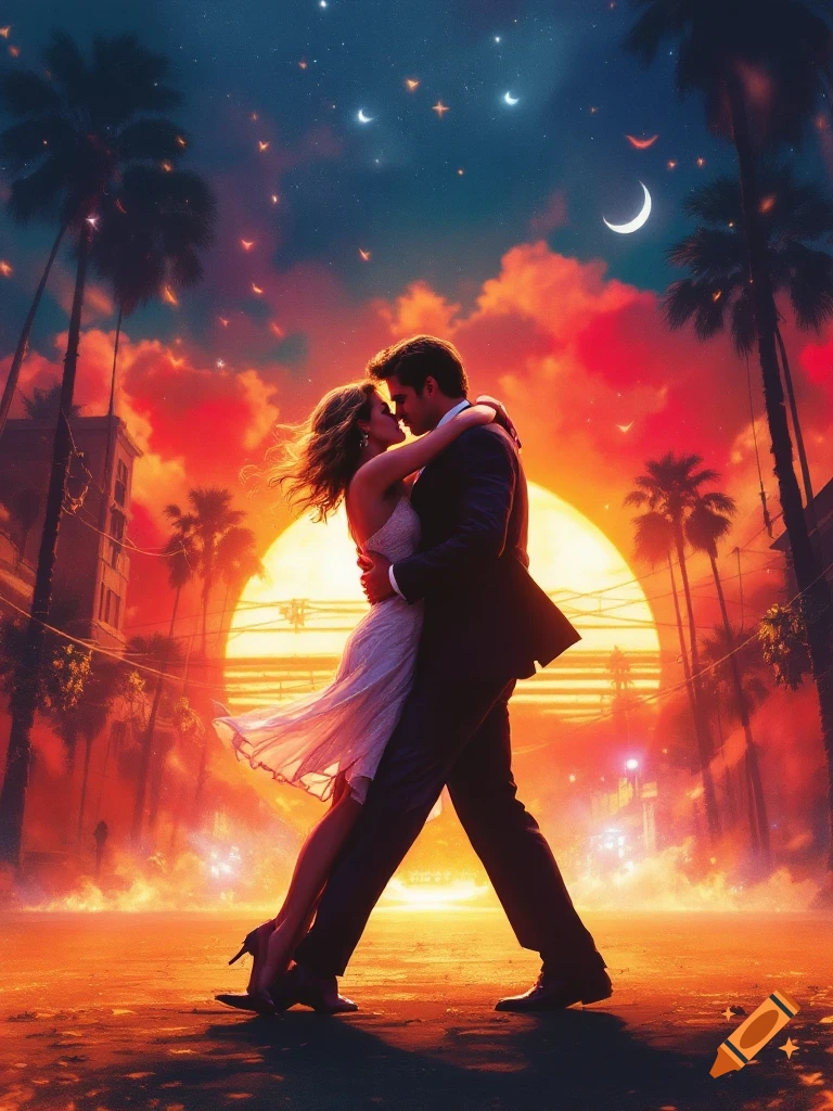 Couple dancing passionately at sunset in a vibrant, retro city street scene with palm trees.