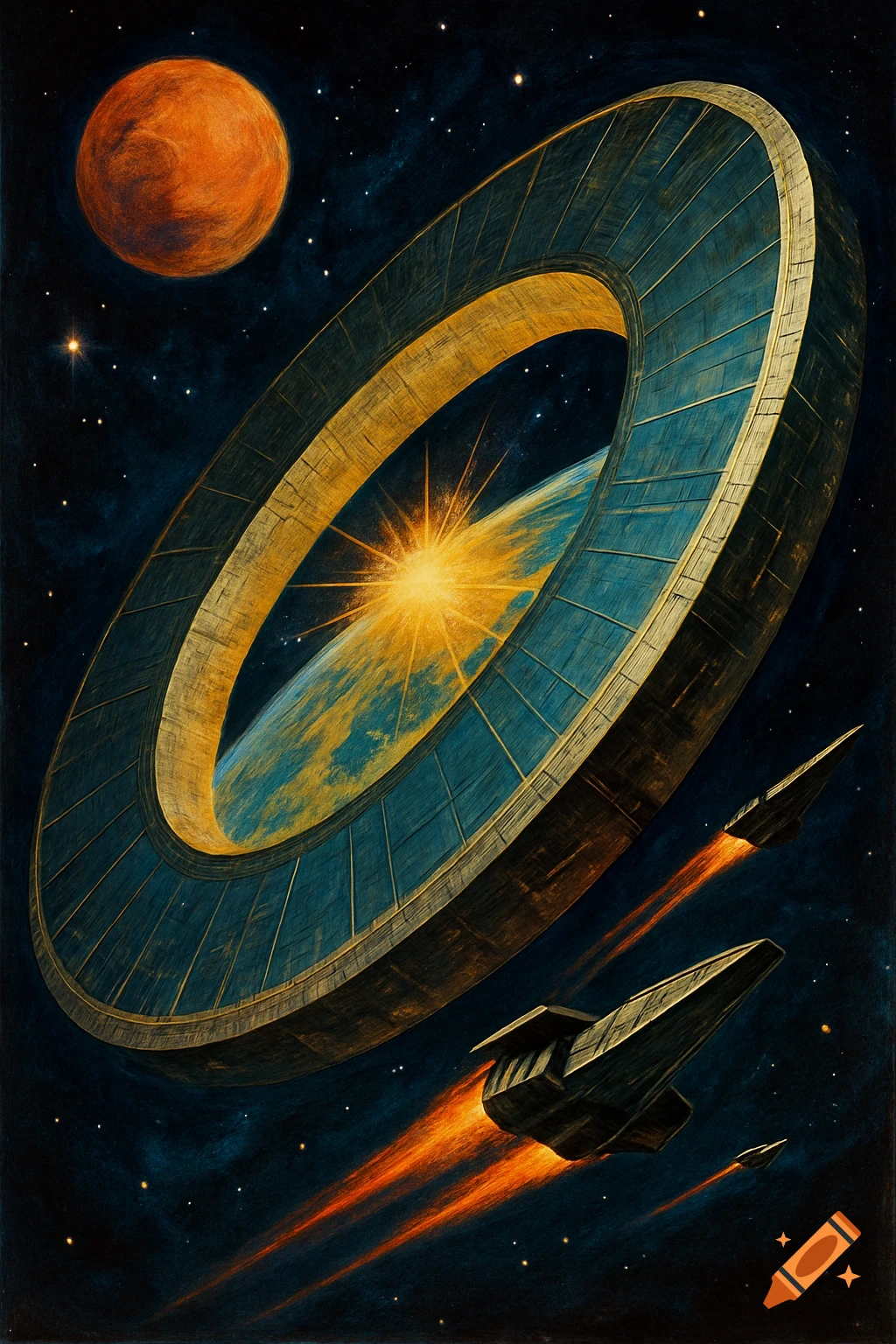 Retro sci-fi art of a ring megastructure orbiting a planet, with spaceships flying past
