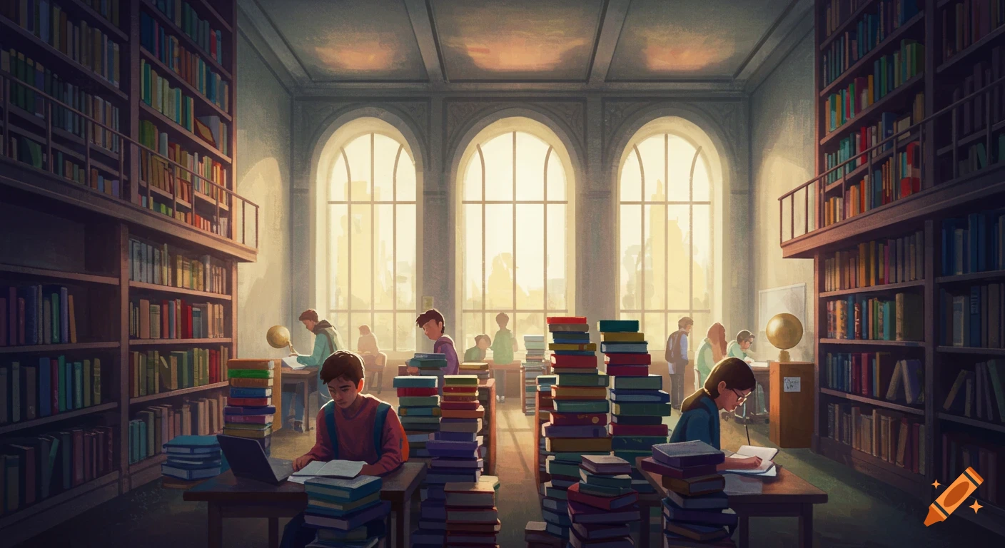 Students study in a grand library with tall bookshelves and sunlight streaming through arched windows.