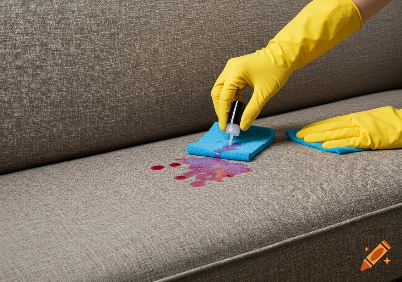 Hands in yellow gloves cleaning a red stain from a beige sofa with a sponge and bottle.