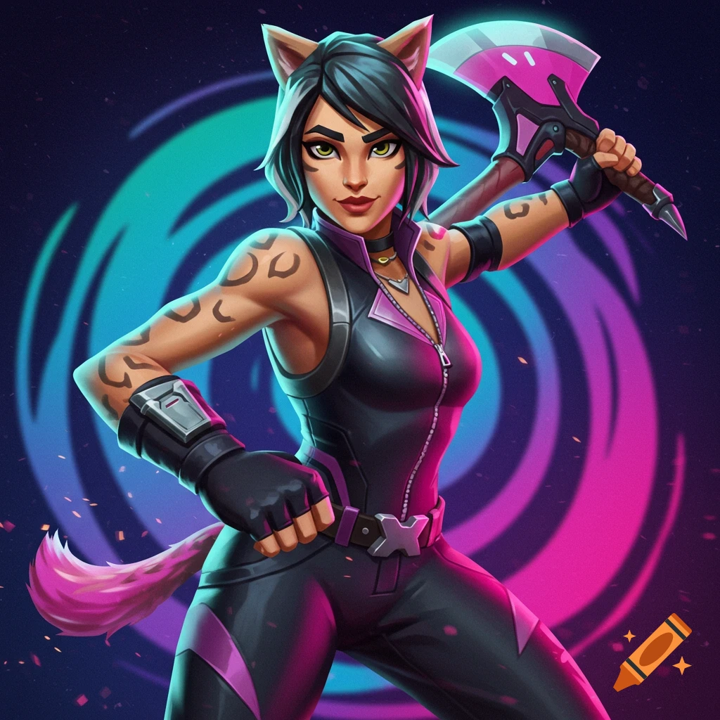 Fortnite character Lynx in black and purple suit holding an axe against swirling background