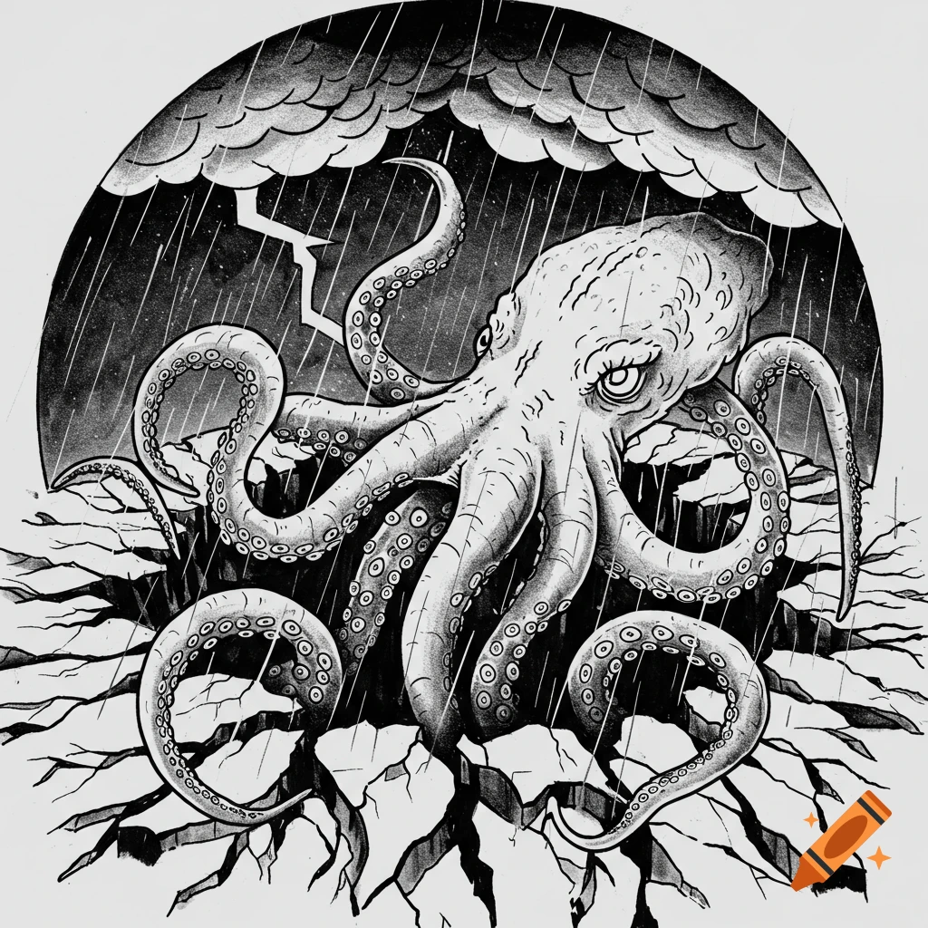 Black and white tattoo style illustration of a kraken emerging from cracked ground under a stormy sky with lightning.