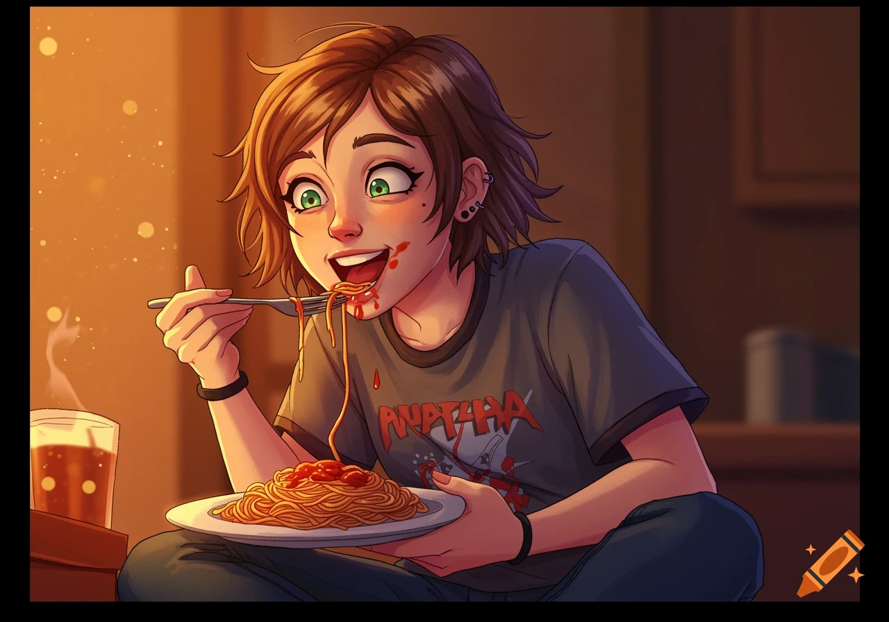 Cartoon tomboy girl happily eats messy pasta
