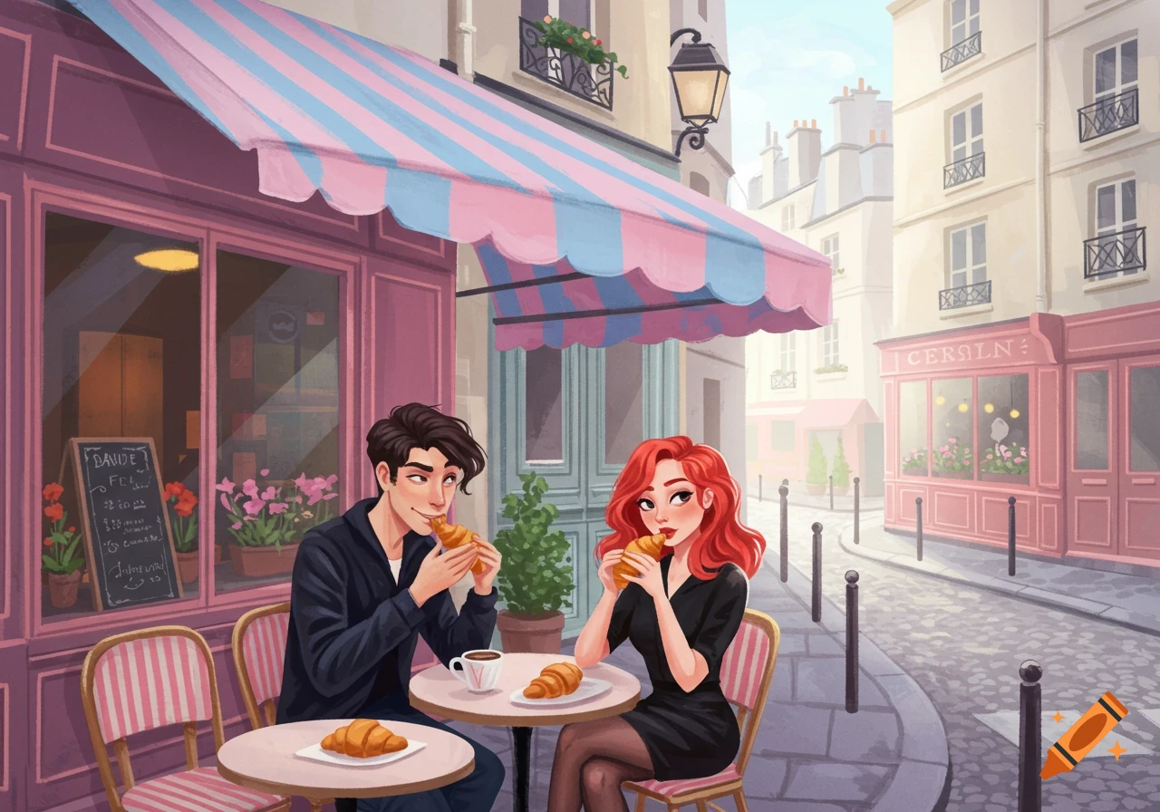 Illustration of a couple eating croissants at an outdoor cafe table on a Paris street.