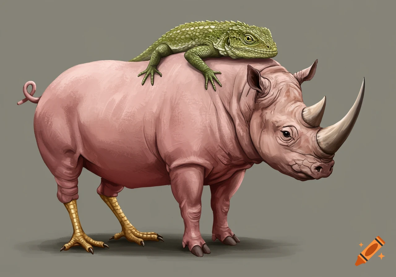 Illustration of a hybrid creature with a pink pig body, rhino head, and chicken legs, with a green lizard on its back.