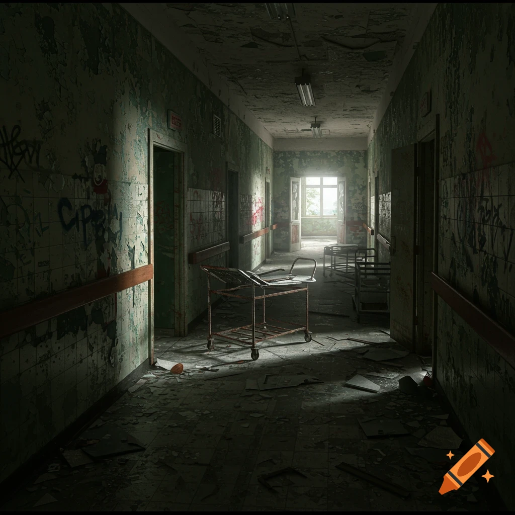 A dark, abandoned hospital hallway is filled with debris, graffiti, and rusty medical equipment like a gurney.
