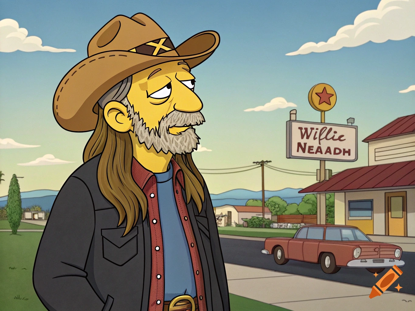 Willie Nelson depicted as a Simpsons character wearing a cowboy hat, standing outdoors.