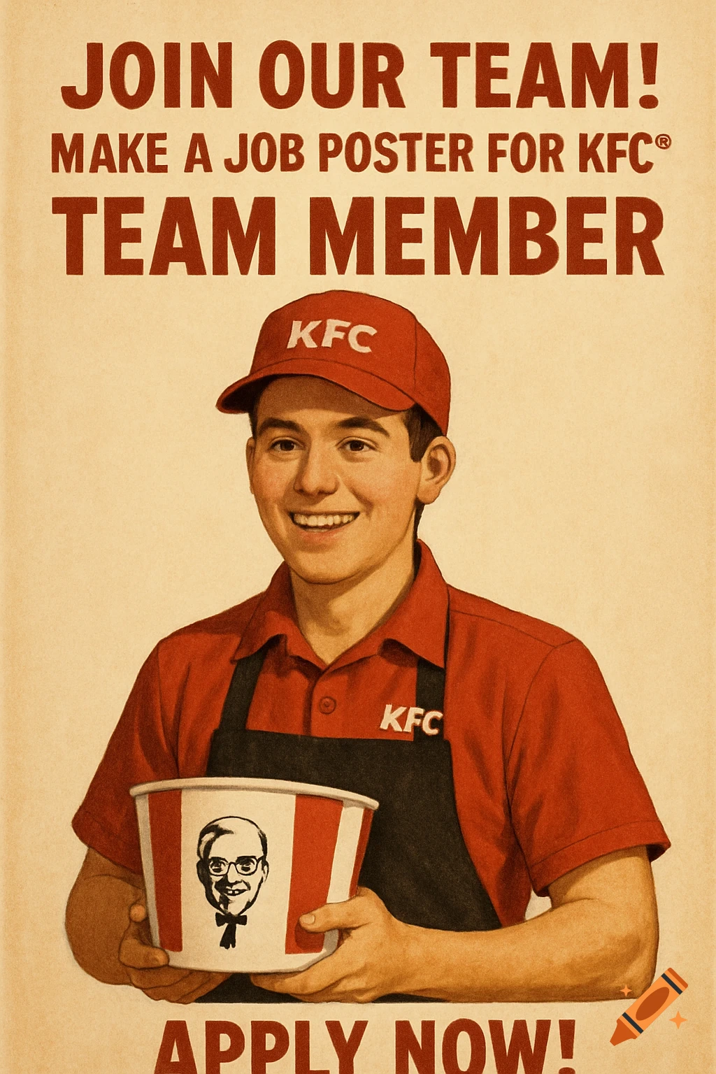Vintage style job poster for KFC showing a smiling team member holding a bucket of chicken.