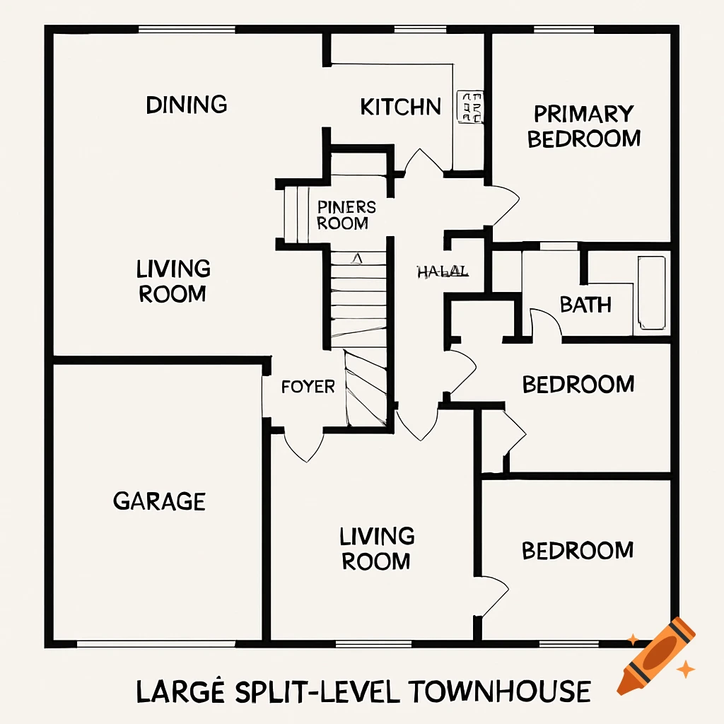 Black and white floor plan diagram of a large split-level townhouse.