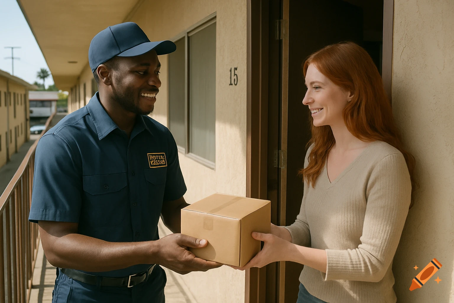African man in delivery uniform hands package to red-haired woman outside apartment door.