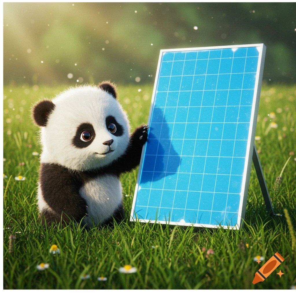 Cute baby panda stands next to a blue solar panel in a sunny grassy field, rendered style.