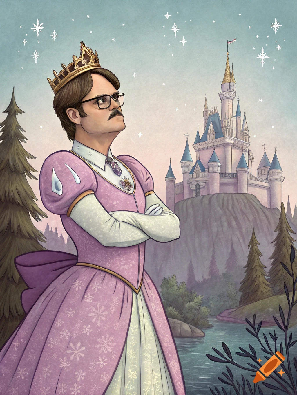 Illustration of Dwight Schrute in a pink princess dress and crown, standing before a fairytale castle.
