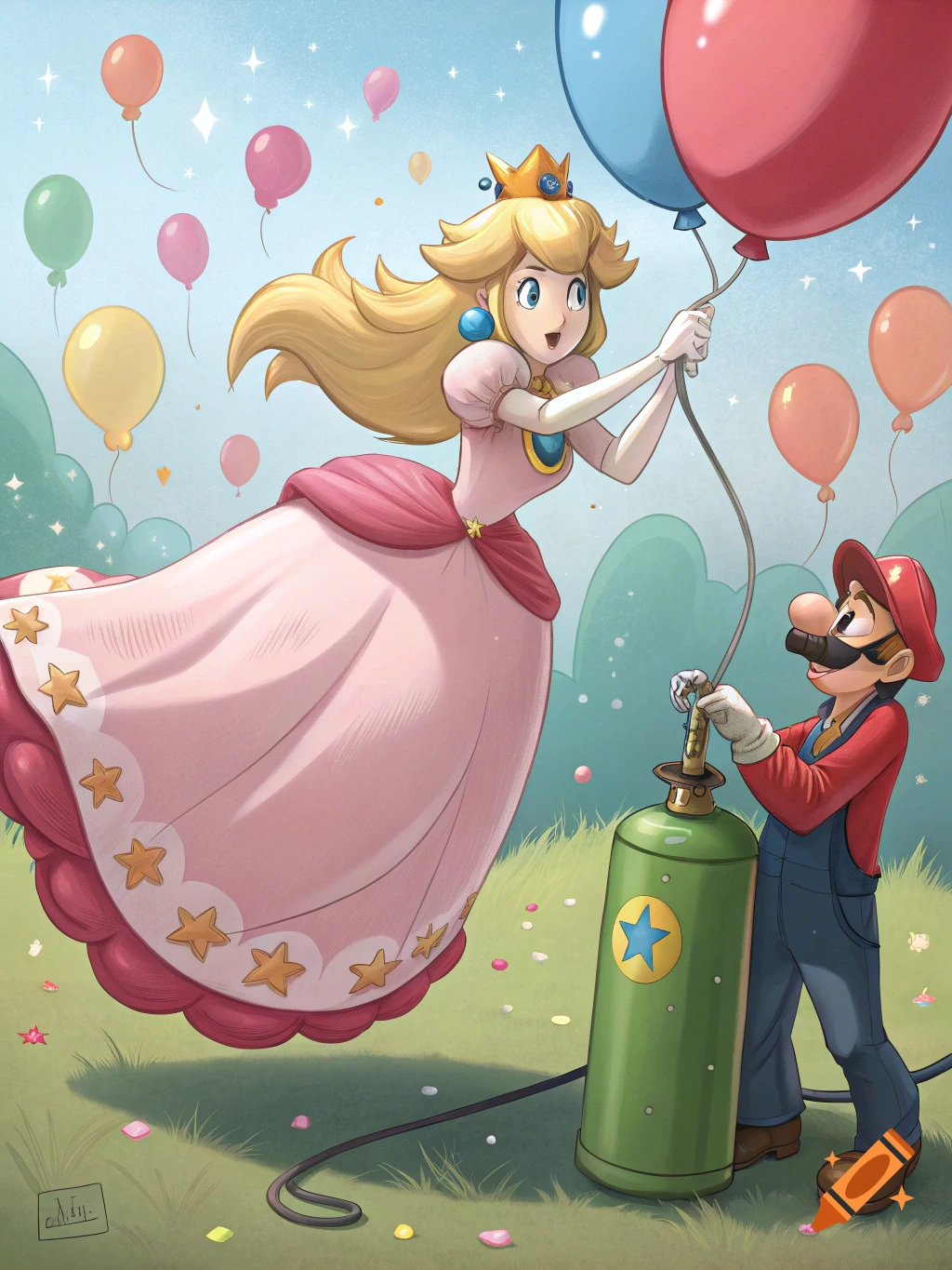 Princess Peach holding balloons while Mario fills them from a tank.