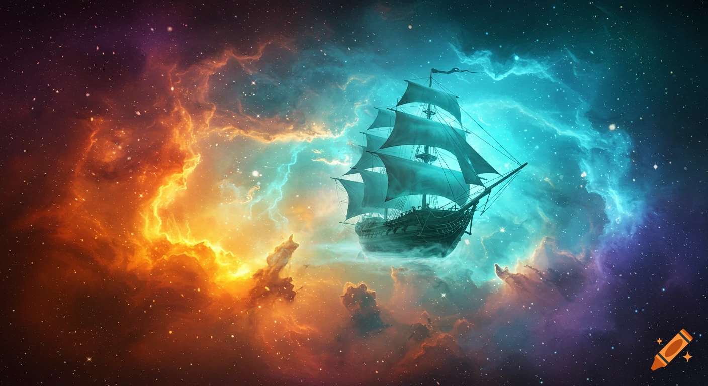 A ghost ship sails through a vibrant nebula in space.