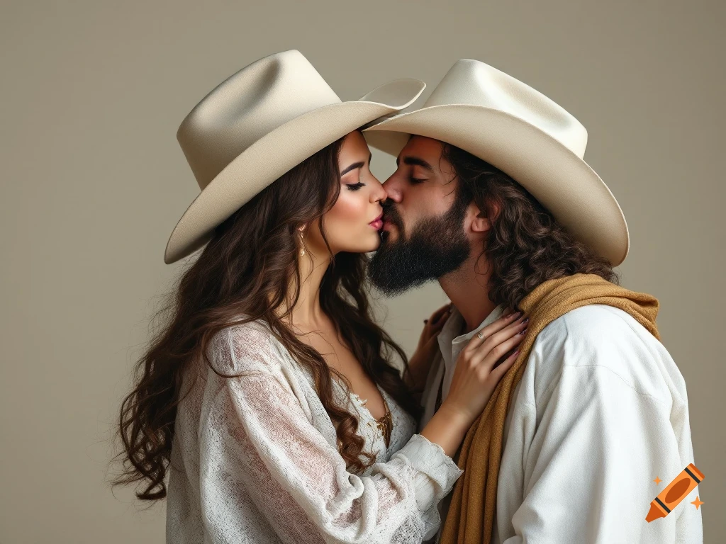 Couple wearing cowboy hats kissing