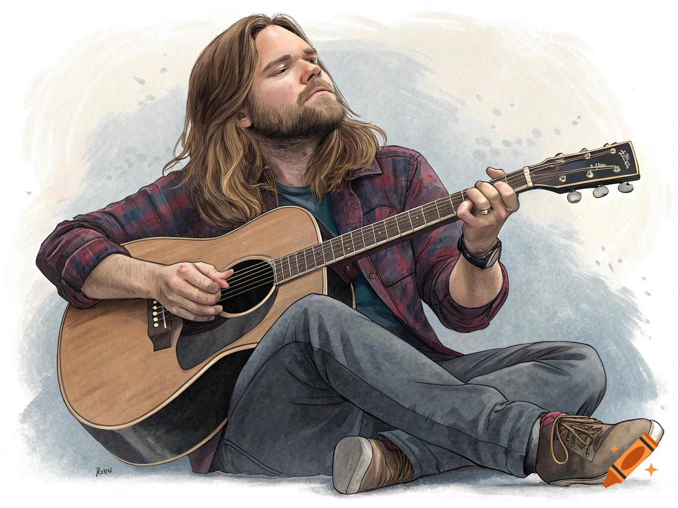 Illustration of a man with long hair sitting and playing an acoustic guitar.