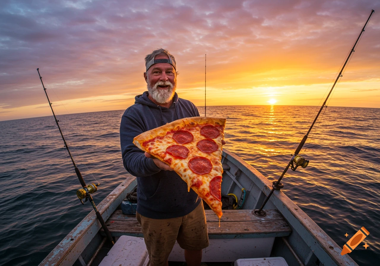 Man on a fishing boat holding a large slice of pepperoni pizza during sunset