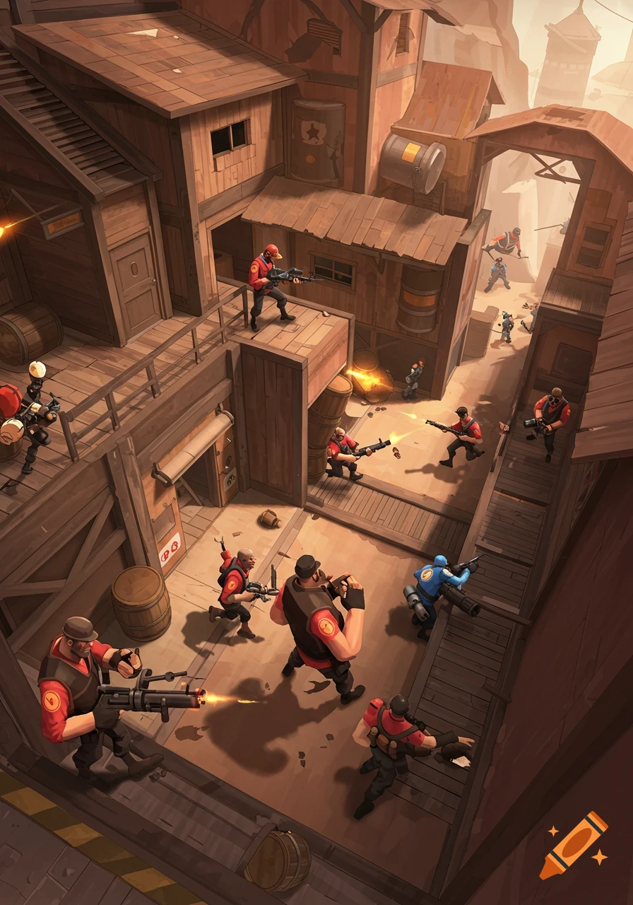 Stylized illustration of Team Fortress 2 characters fighting on a wooden map.