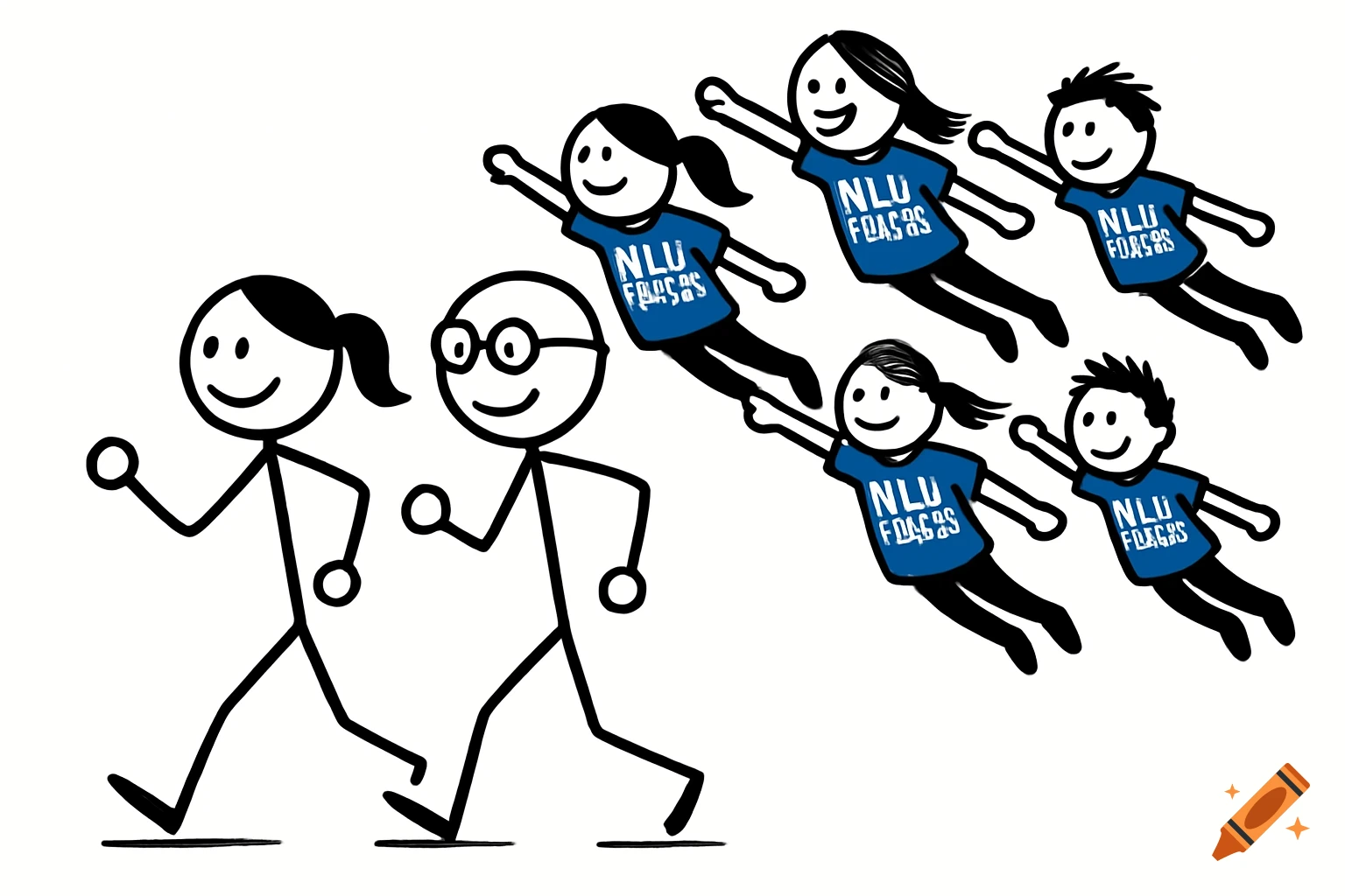 Stick figure drawing of two people walking followed by four flying people in blue shirts.