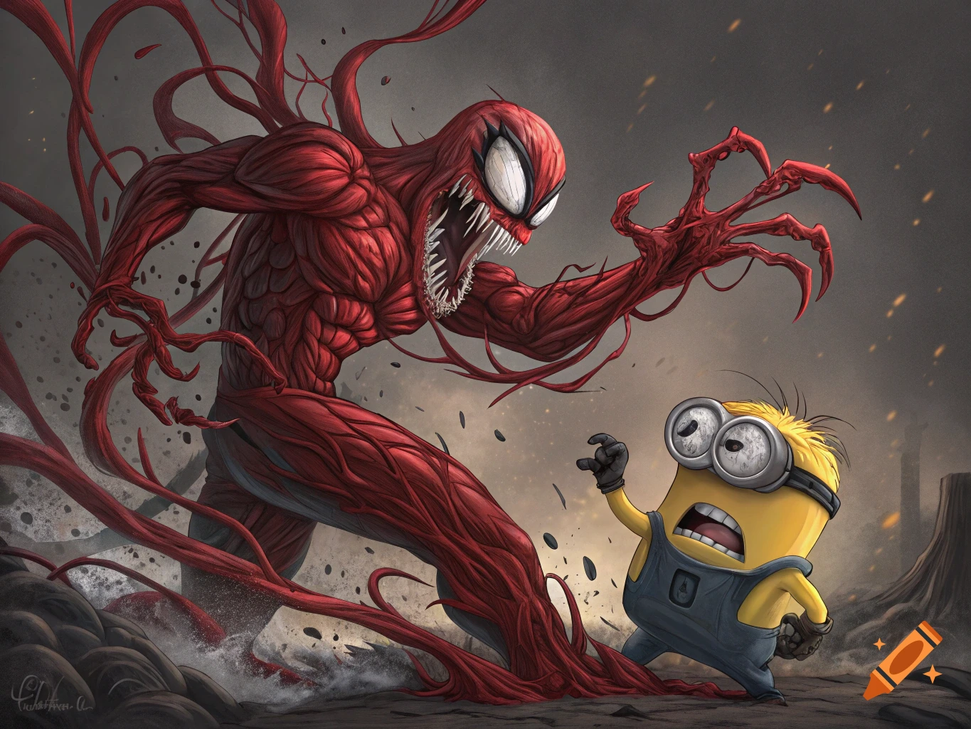 Red Carnage attacks a frightened yellow Minion in a rocky landscape, illustration style.