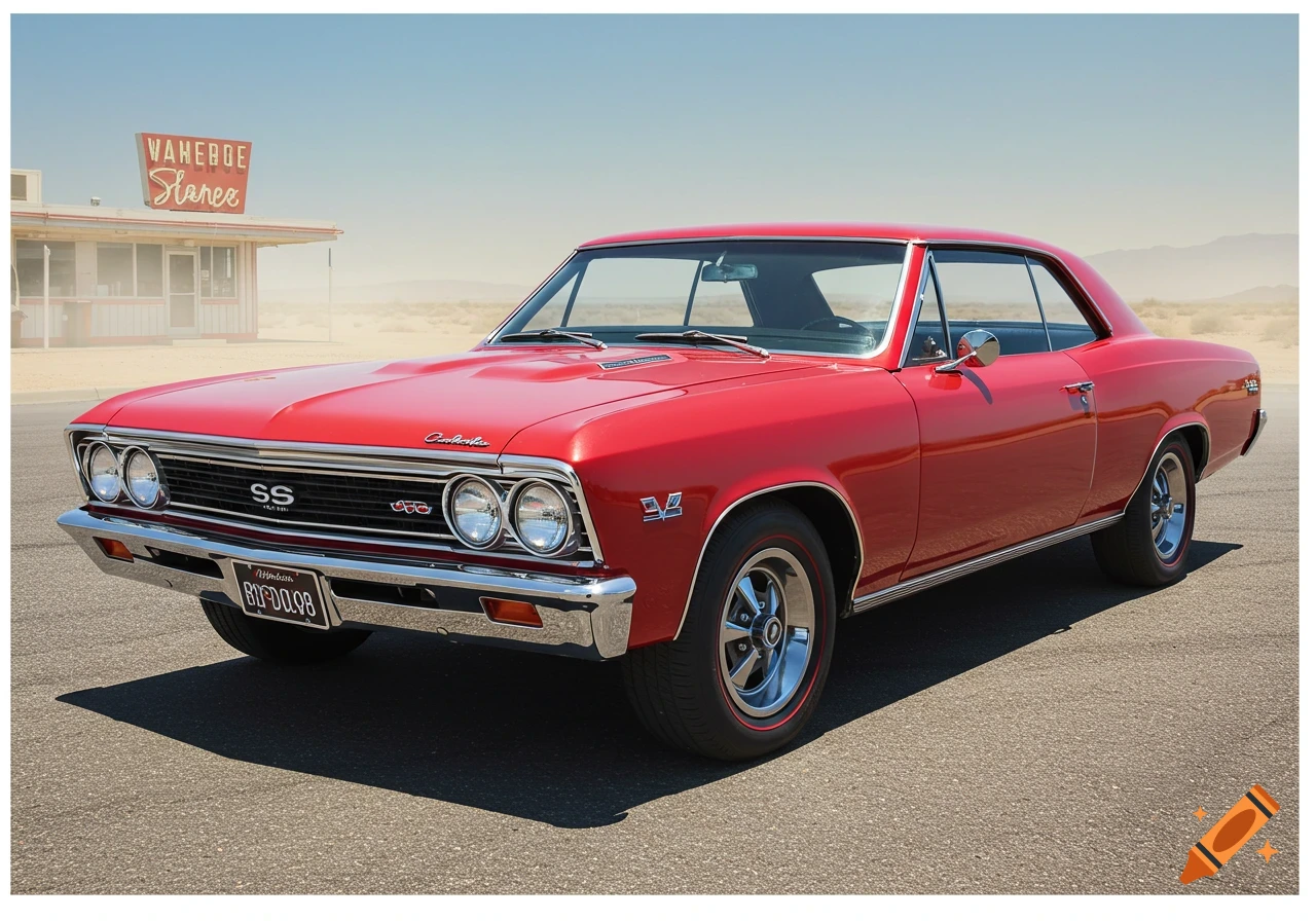 A red 1967 Chevrolet Chevelle parked on a road in a desert landscape with a building behind it.