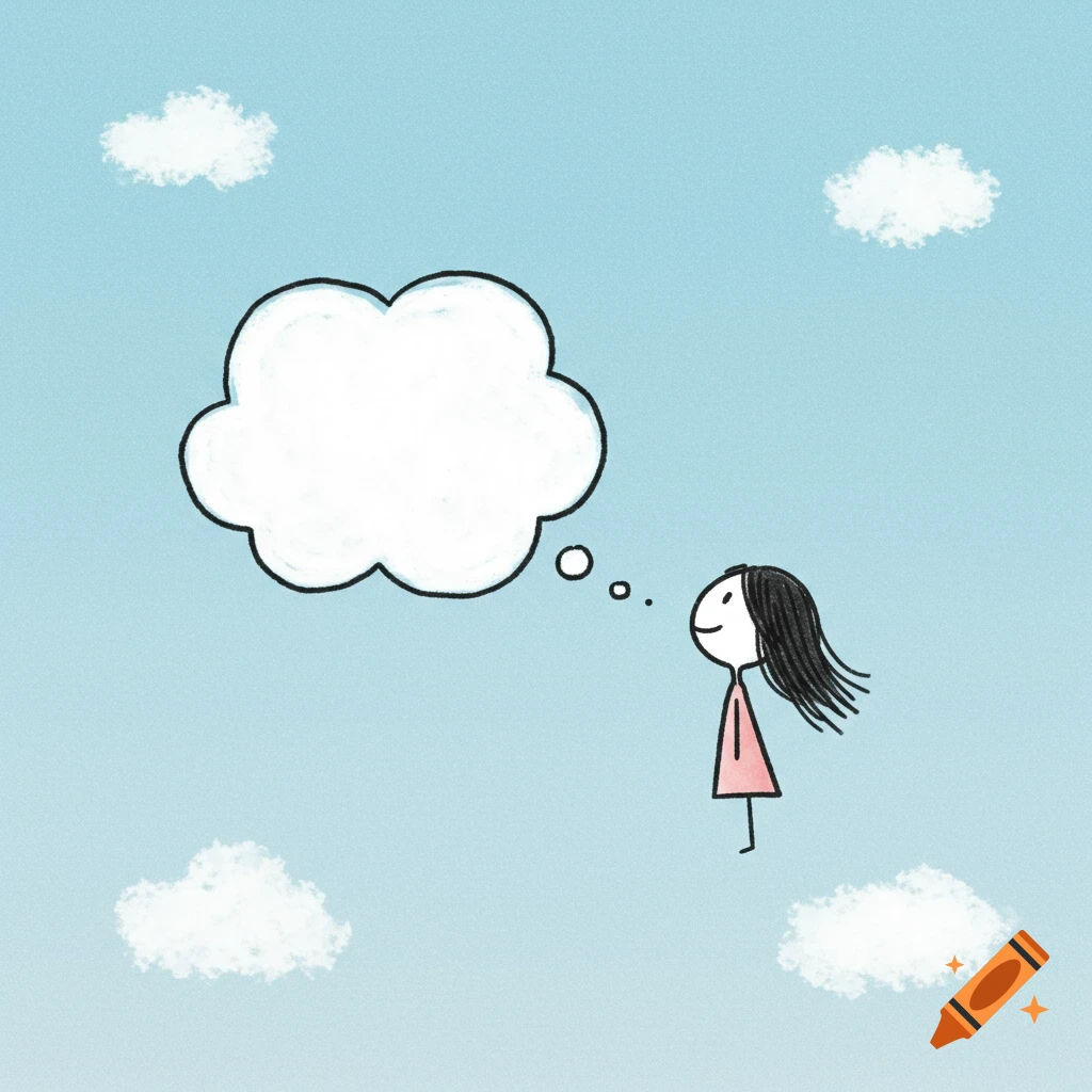 A stick figure person looks at an empty thought bubble in a blue sky with clouds.