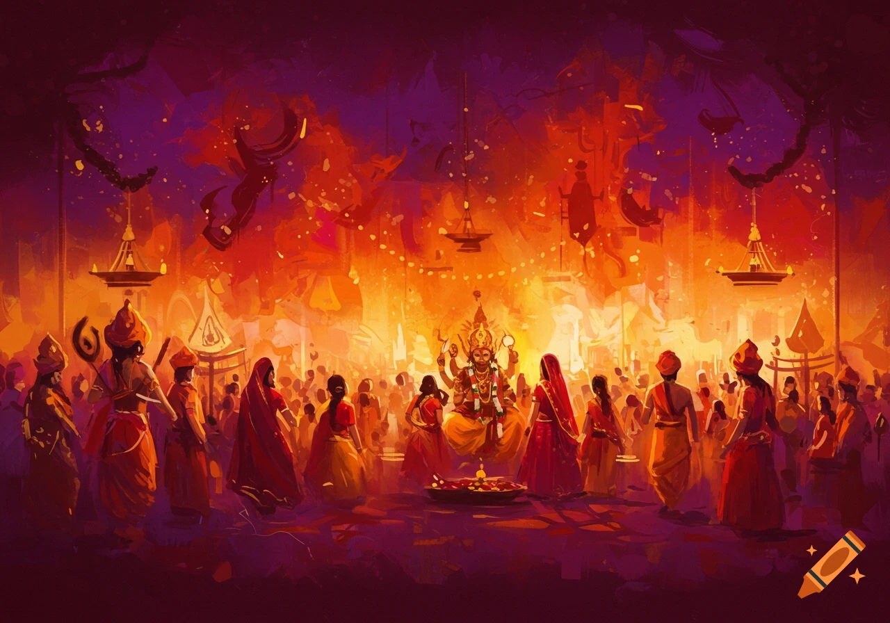 Abstract painting of a Hindu festival with crowds and a central deity figure in orange and purple tones.