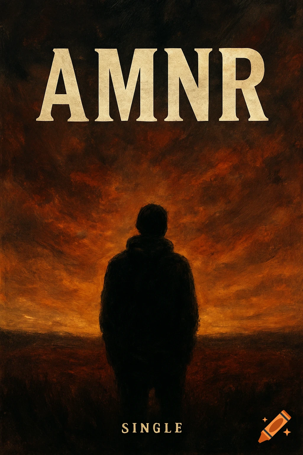 Dramatic song cover with a silhouette against a fiery sky and text 'AMNR' and 'SINGLE'.