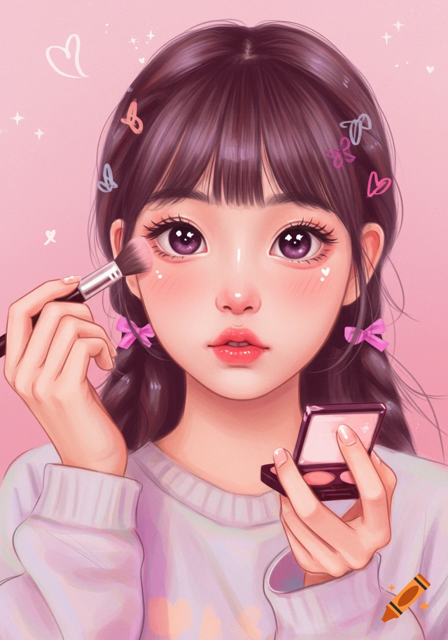 Close-up illustration of a cute young woman applying makeup with a brush and compact.