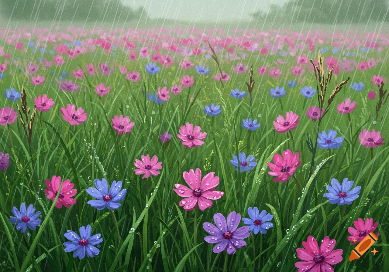 A field of pink, blue, and purple flowers under falling rain.