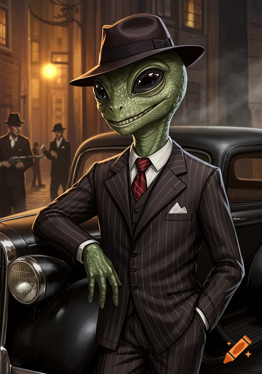 Illustration of a green alien dressed as a mobster leaning on a vintage car on a street