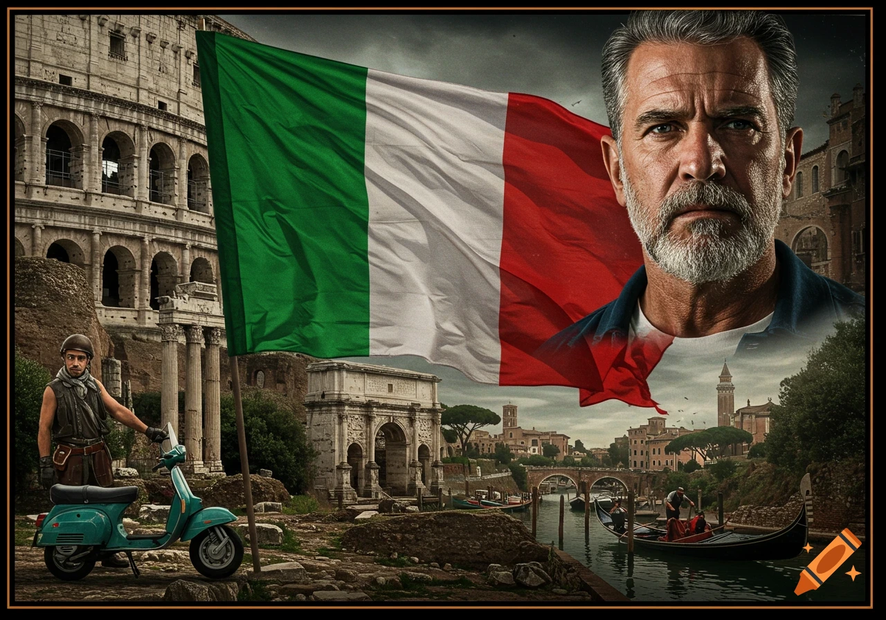 Man and Italian flag overlayed on Italian landmarks including Colosseum, arch, and canal.