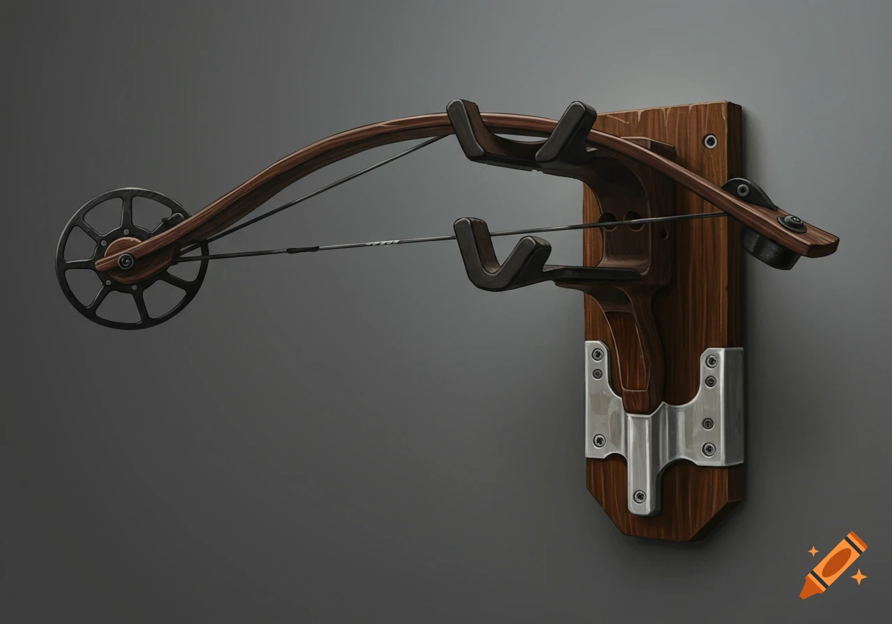 A compound bow is mounted on a wooden wall stand against a dark background in a digital painting style.