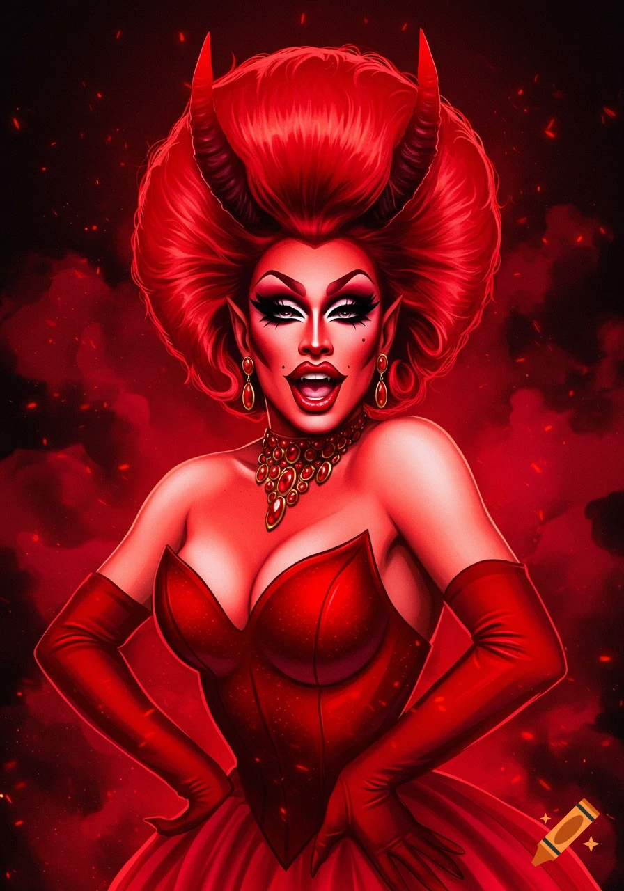 A drag queen with devil horns and red makeup wears a red dress and gloves in a stylized illustration.