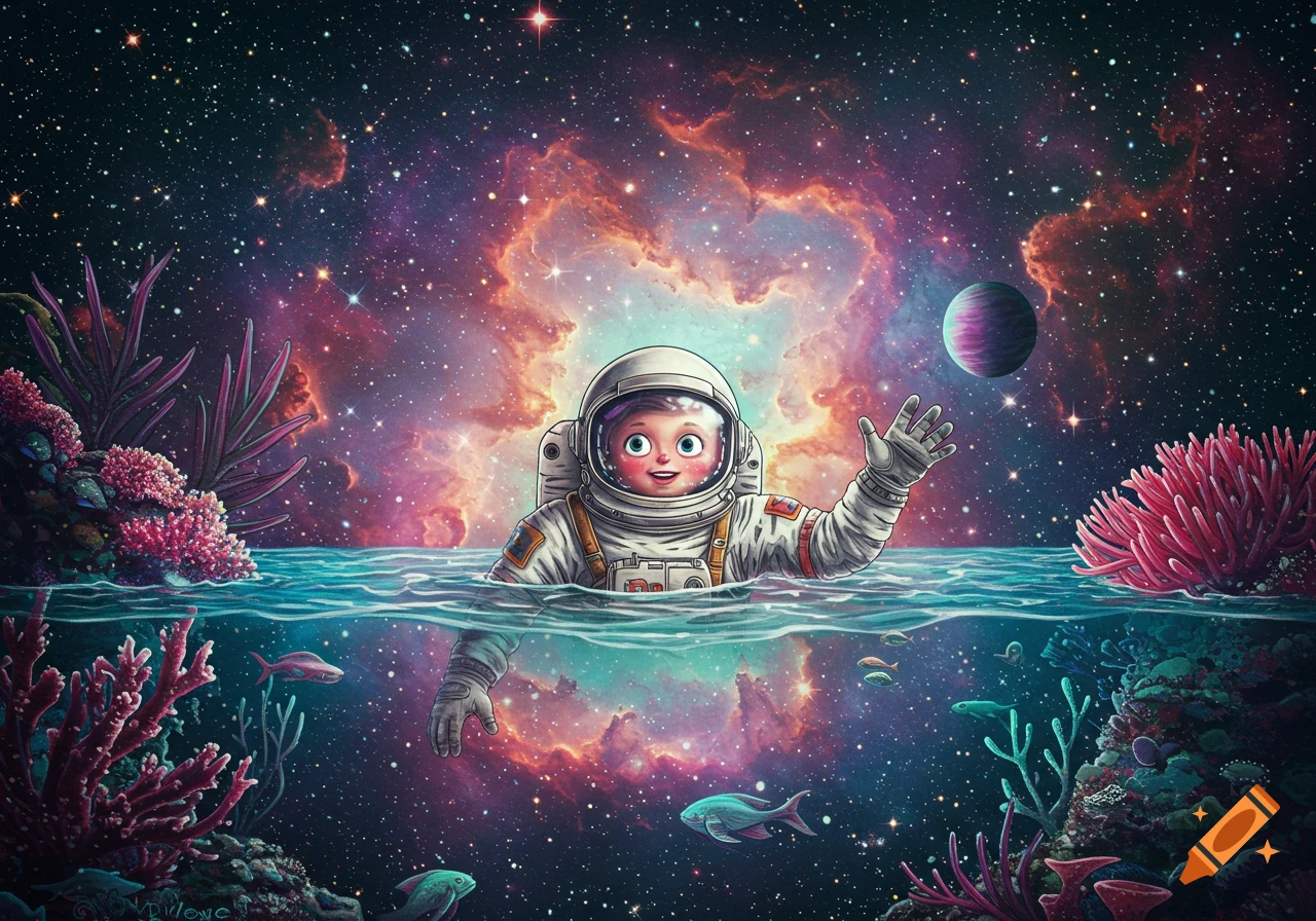 Surreal illustration of a cartoon astronaut swimming in a space-ocean among fish, coral, and stars under a vibrant nebula.