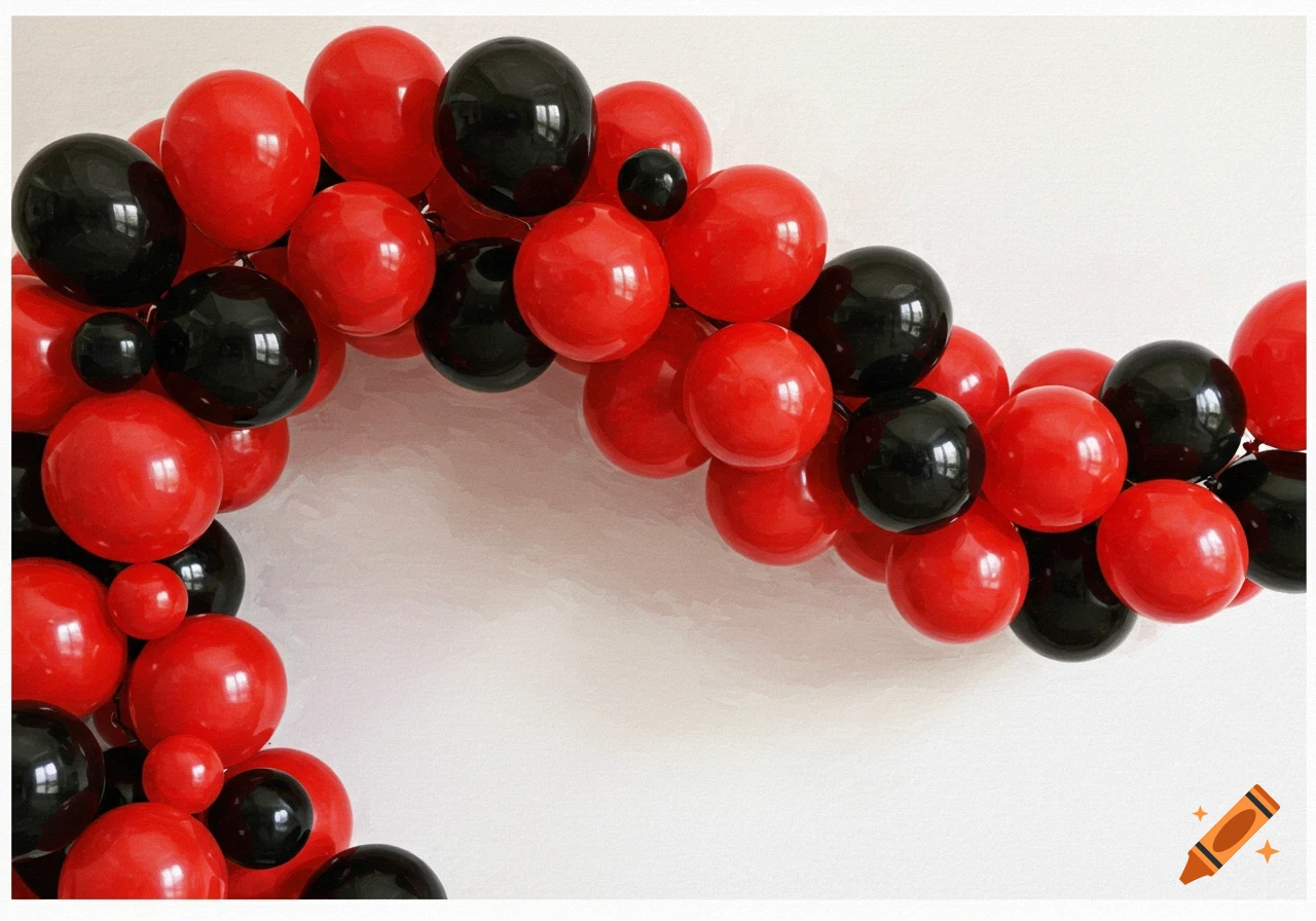 Close-up of a red and black balloon arch.