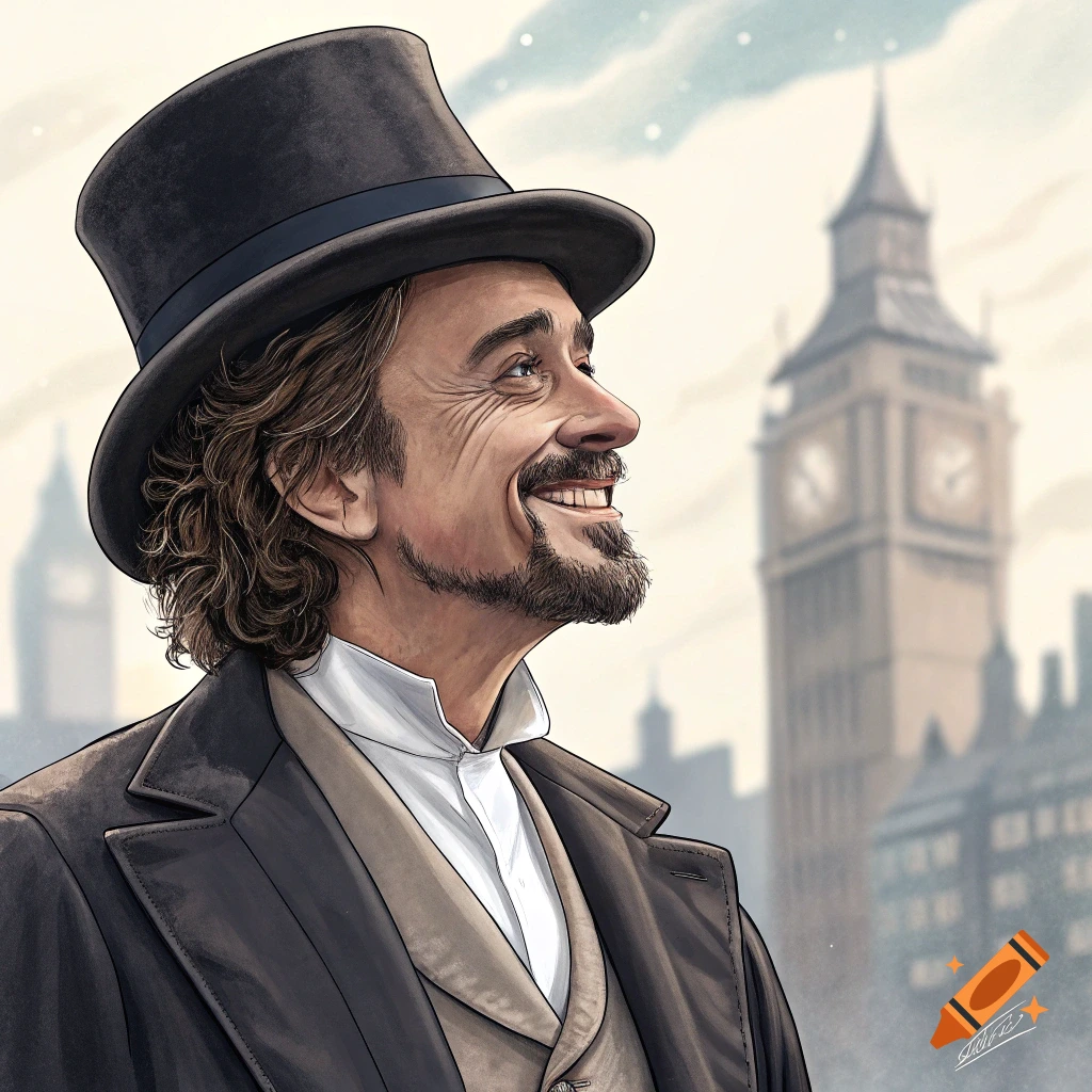 Illustration of a smiling man in a top hat and suit, looking up with Big Ben in the background.