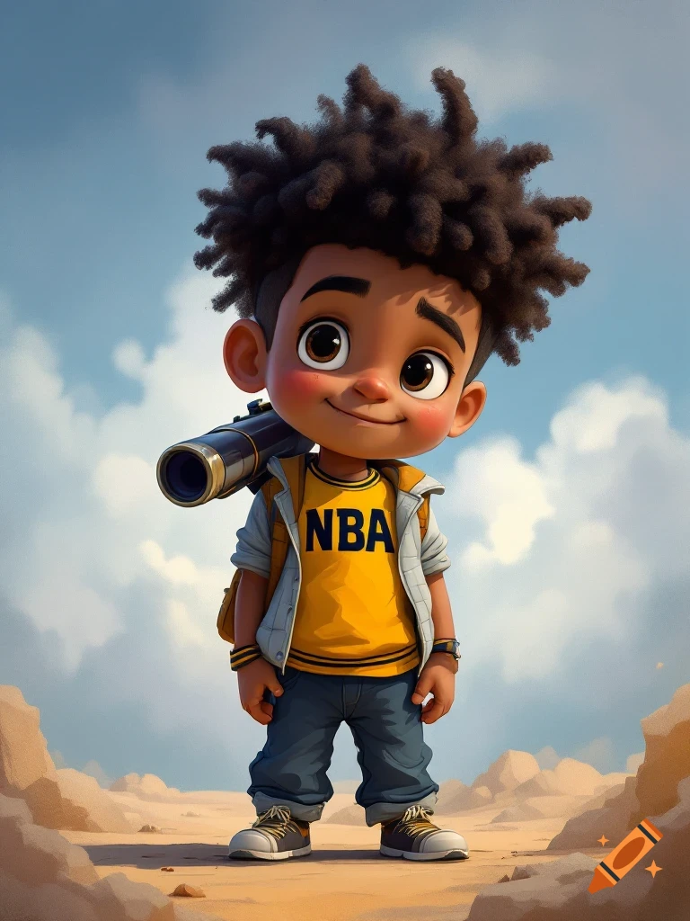 Cartoon boy with afro holding a telescope, wearing an NBA shirt, in a desert landscape.