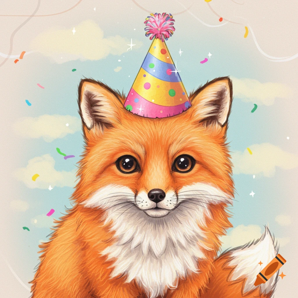 Cute fox wearing a party hat, colored pencil illustration with confetti