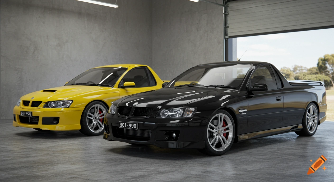 A black ute and a yellow ute parked side-by-side in a garage.