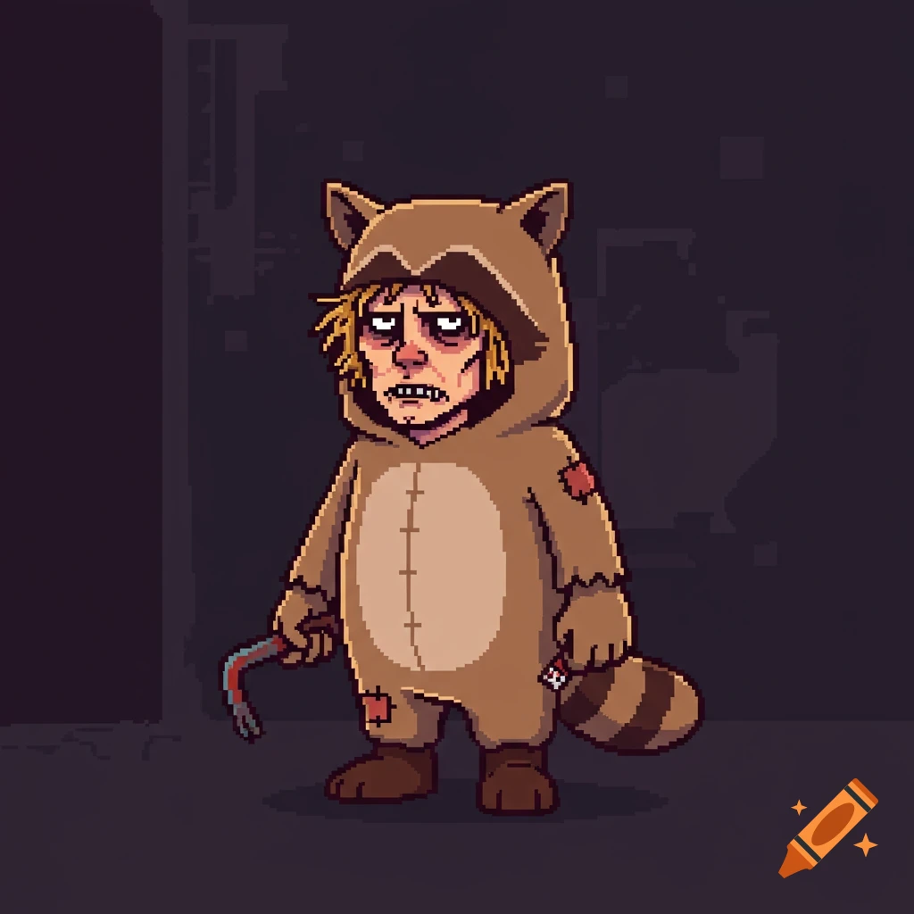 Pixel art of a scruffy character in a raccoon costume holding a crowbar.
