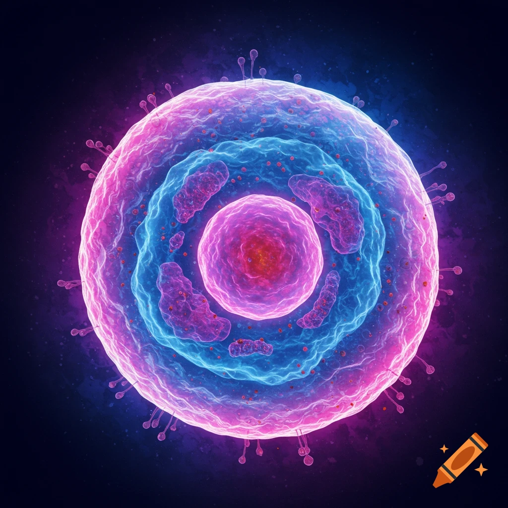 Microscopic view of a cell with nucleus and organelles in pink and blue light