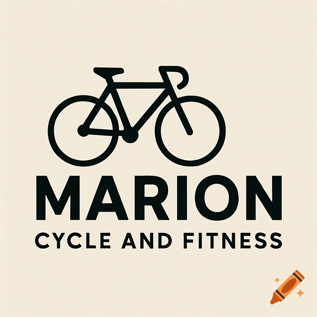 A minimalist logo for Marion Cycle and Fitness featuring a bicycle silhouette above the shop name.