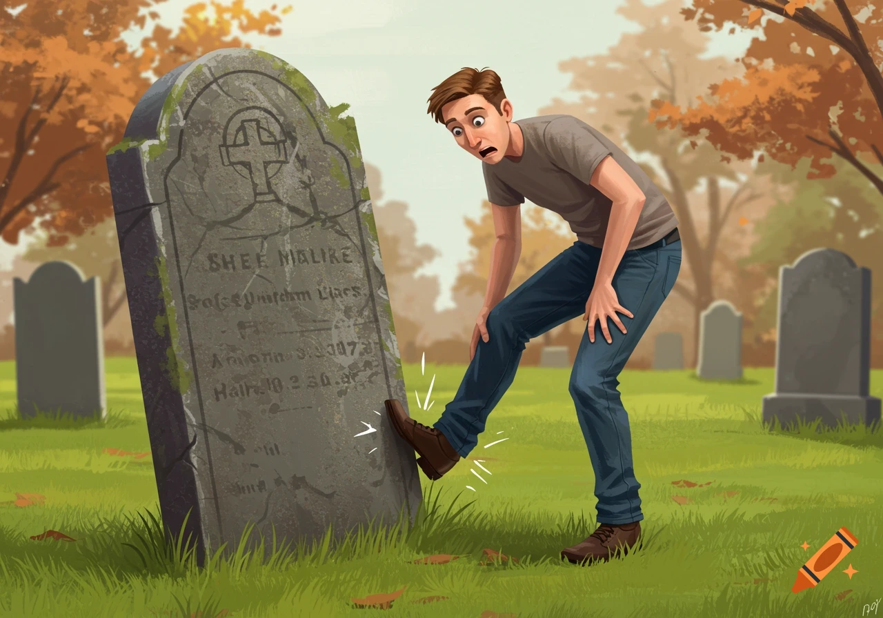 Illustration of a man in a cemetery stubbing his toe on a gravestone