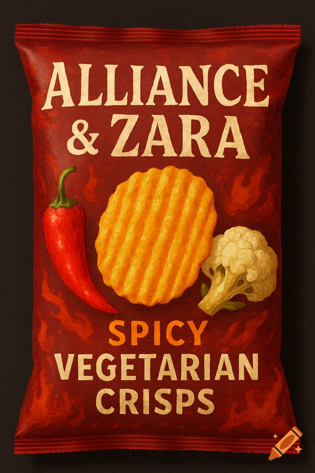 A red crisp packet labeled Alliance & Zara Spicy Vegetarian Crisps, showing a chili, a crisp, and cauliflower.