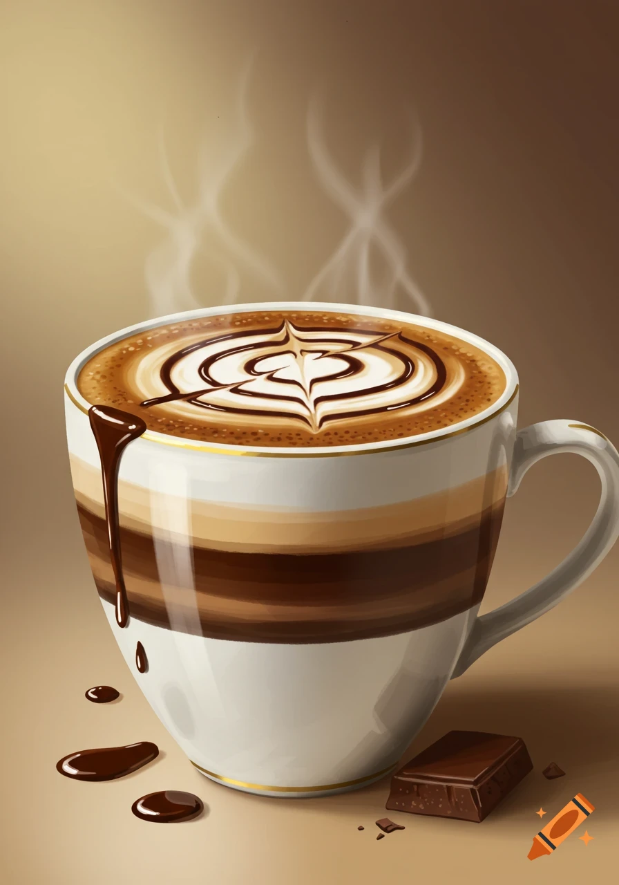 A cup of coffee with detailed latte art, chocolate dripping down, and a piece of chocolate next to it.