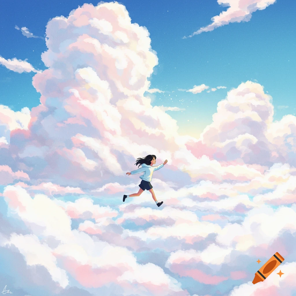Anime illustration of a person running on fluffy pink and white clouds in a bright blue sky.