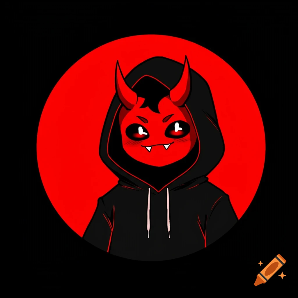 A cartoon red demon head with horns and fangs wears a black hoodie against a red circle.