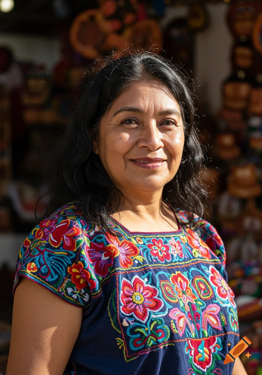 A portrait of a smiling Mexican woman wearing a traditional embroidered shirt with a blurred market background.
